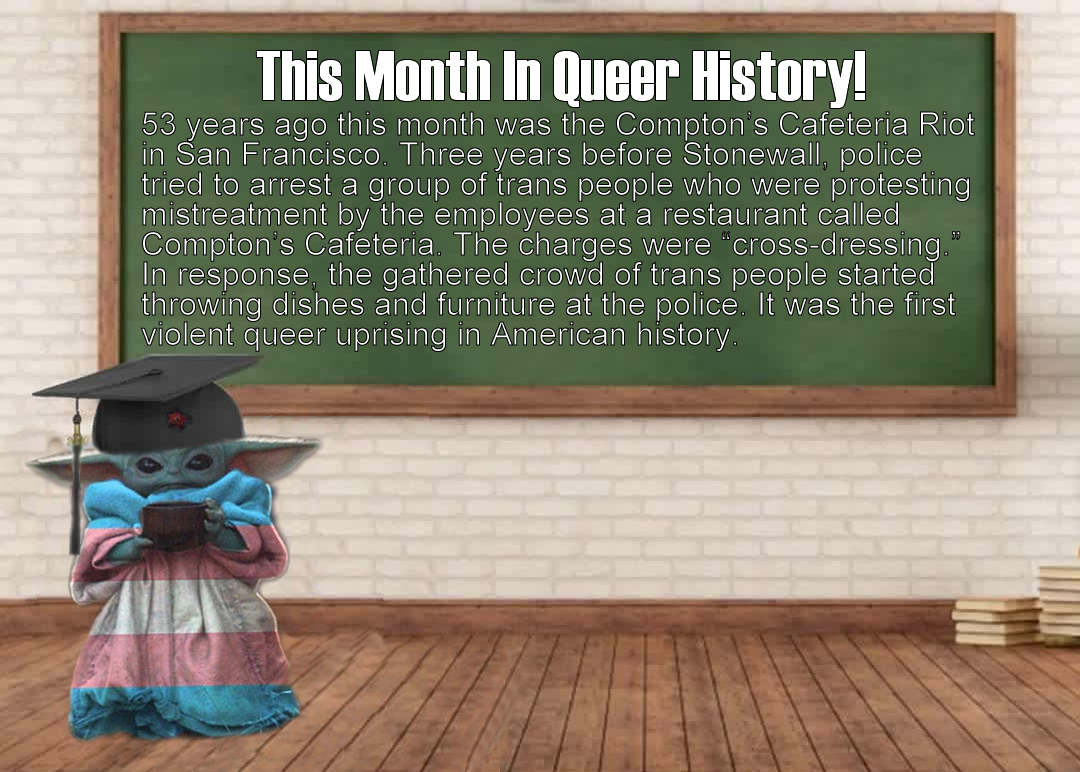 The meme features a character from the Star Wars franchise, Baby Yoda, sitting at a desk with a graduation cap and diploma. The text "This Month in Queer History" is written above the character, and the subtext reads: "In 1969, the Stonewall riots marked the beginning of the modern LGBTQ+ rights movement. It was the first time in history that LGBTQ+ people fought back against police brutality and sparked a wave of activism that continues to this day."